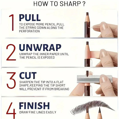 Close-up of the pull-line eyebrow pencil texture and the paper-wrapped design for professional makeup use.