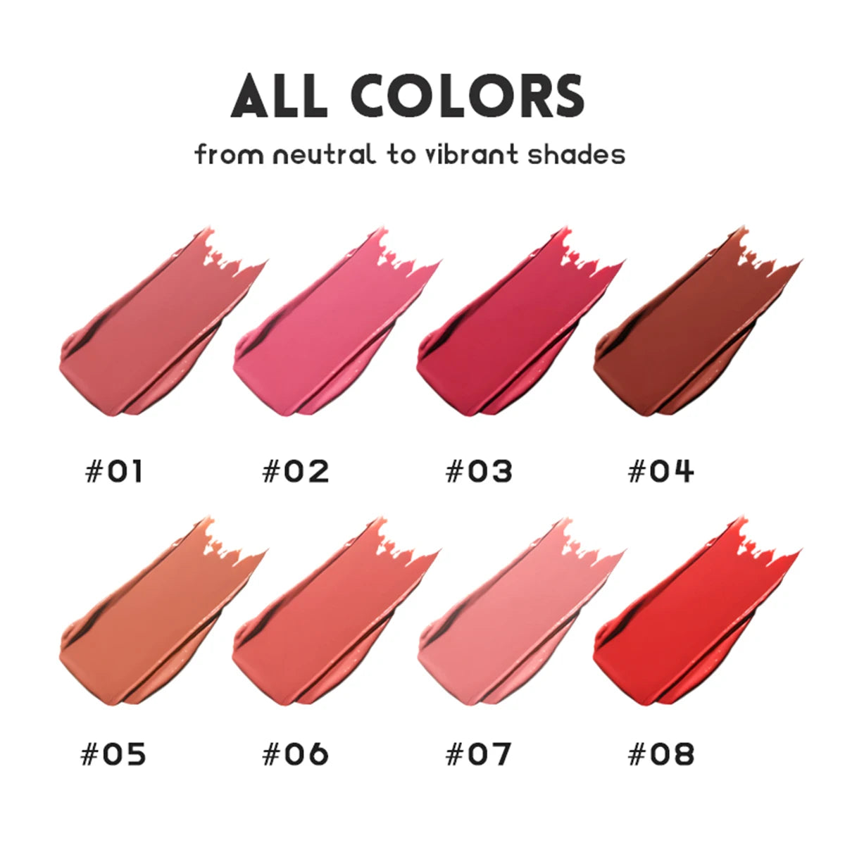 Color swatches of 8 different shades of Watery Mirror Gloss Lipstick ranging from neutral nudes to vibrant reds.