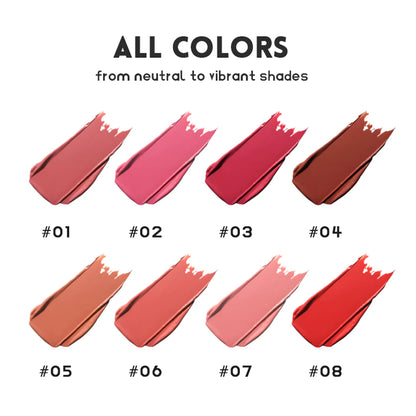 Color swatches of 8 different shades of Watery Mirror Gloss Lipstick ranging from neutral nudes to vibrant reds.