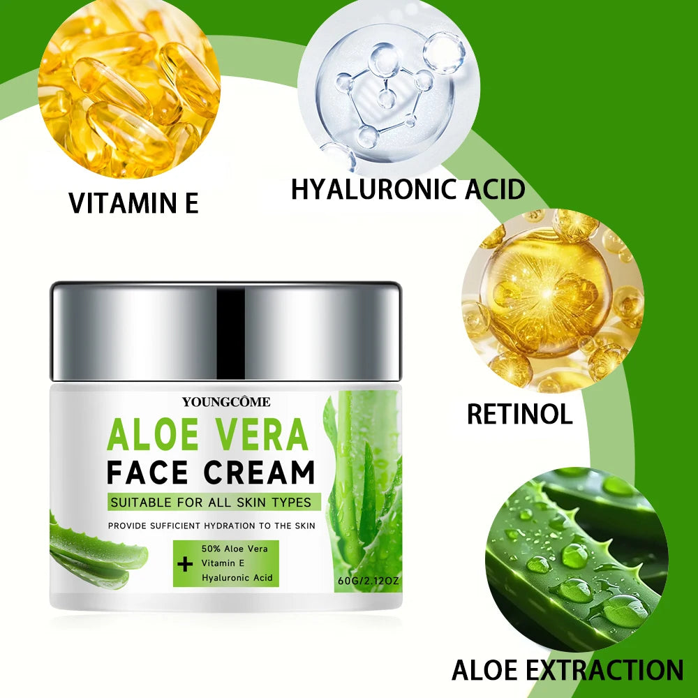 view of YOUNGCOME Aloe Vera Face Cream jar featuring 50% Aloe Vera, Vitamin E, and Hyaluronic Acid.