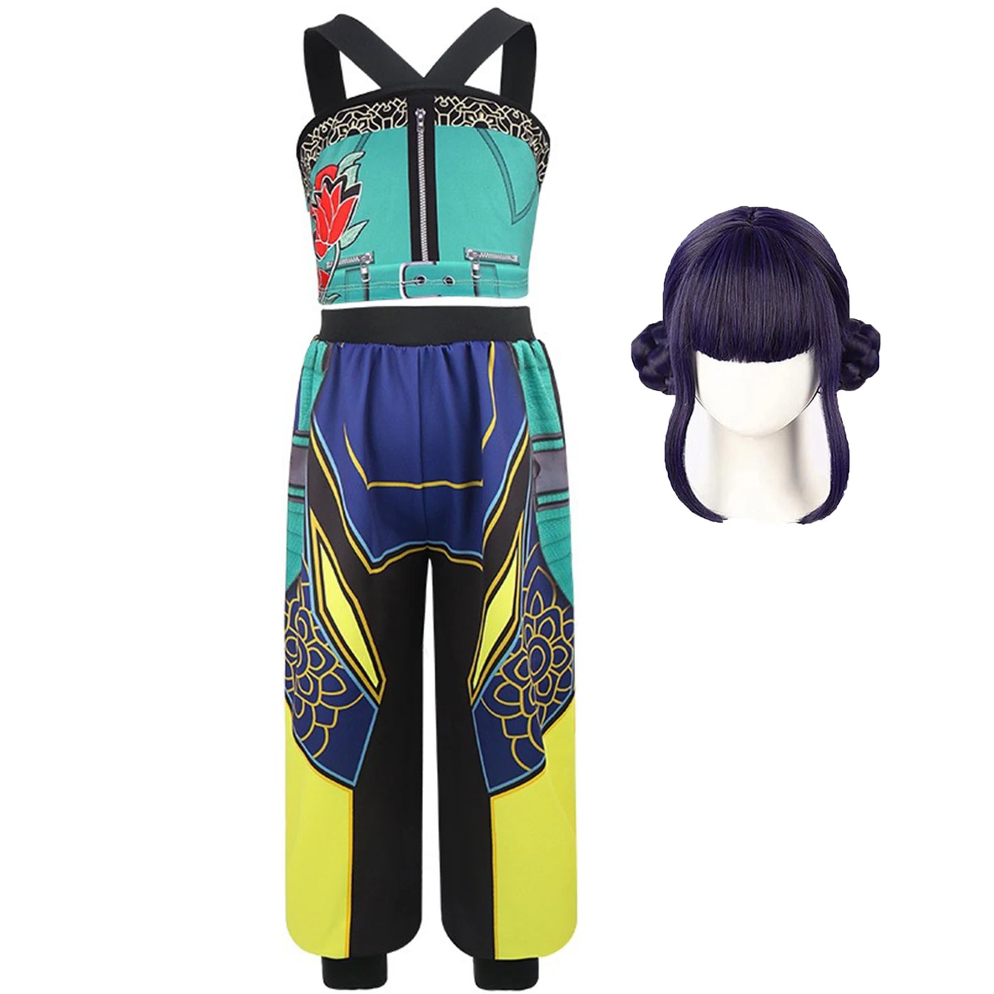 Official Zoey K-Pop cosplay costume featuring a teal utility top and neon patterned joggers next to a purple idol wig.